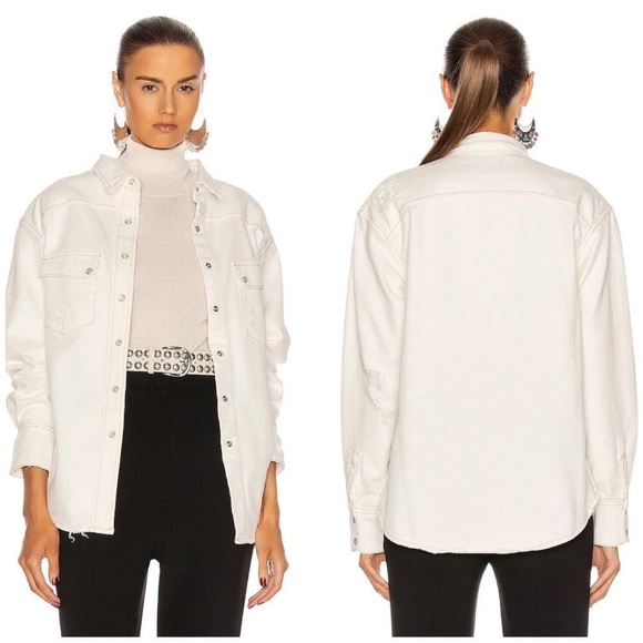 RETROFÊTE Dora Distressed Denim Shirt Jacket - Vintage White - Picture 4 of 10